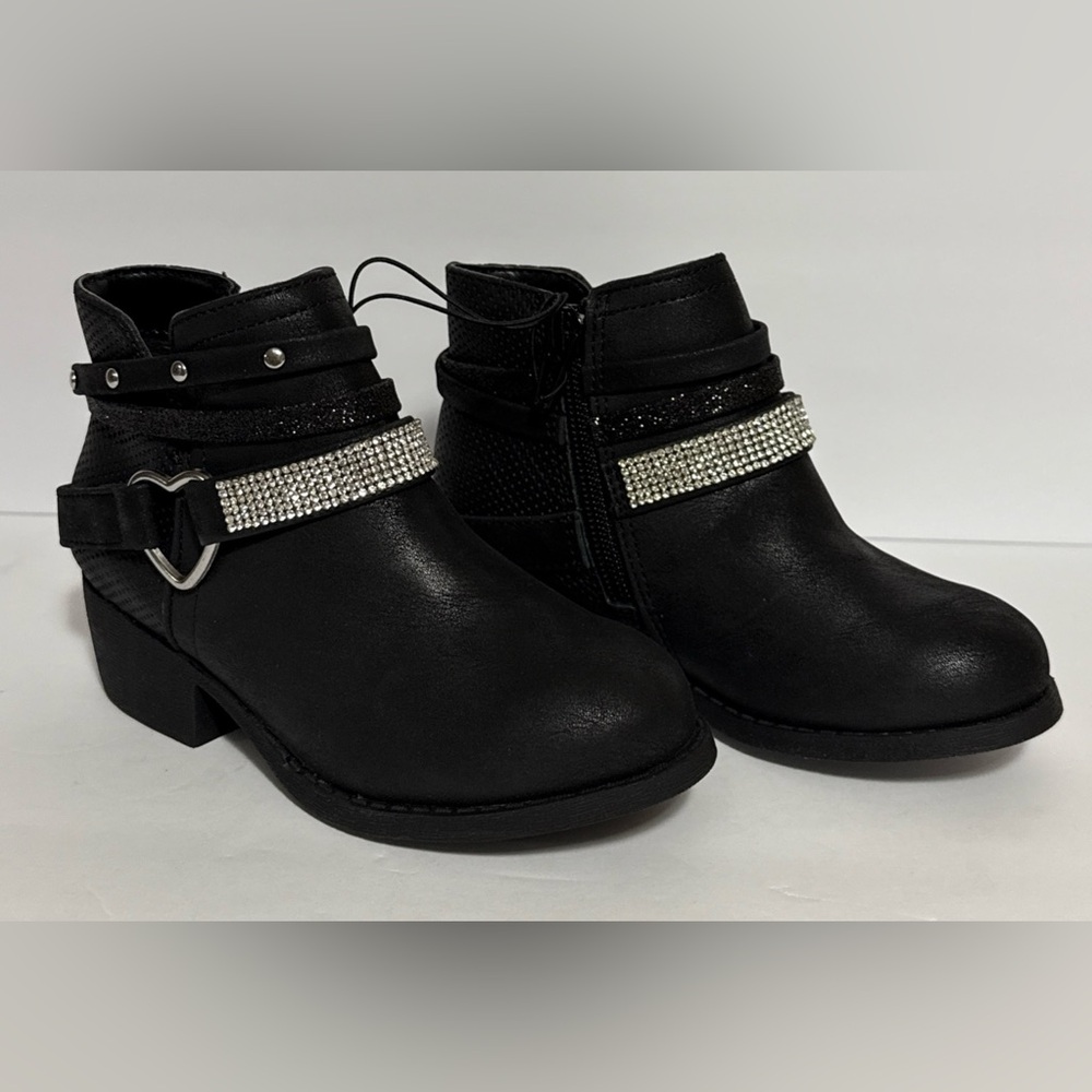 New Girls 11M Black Faux Leather Ankle Boots Rhinestone Accent Zipper Closure